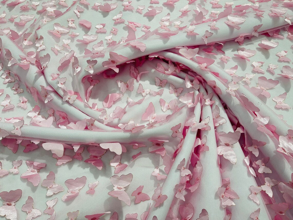 3D Butterfly Design Lace - Pink  - Embroidered Lace with 3D Butterfly Design By Yard