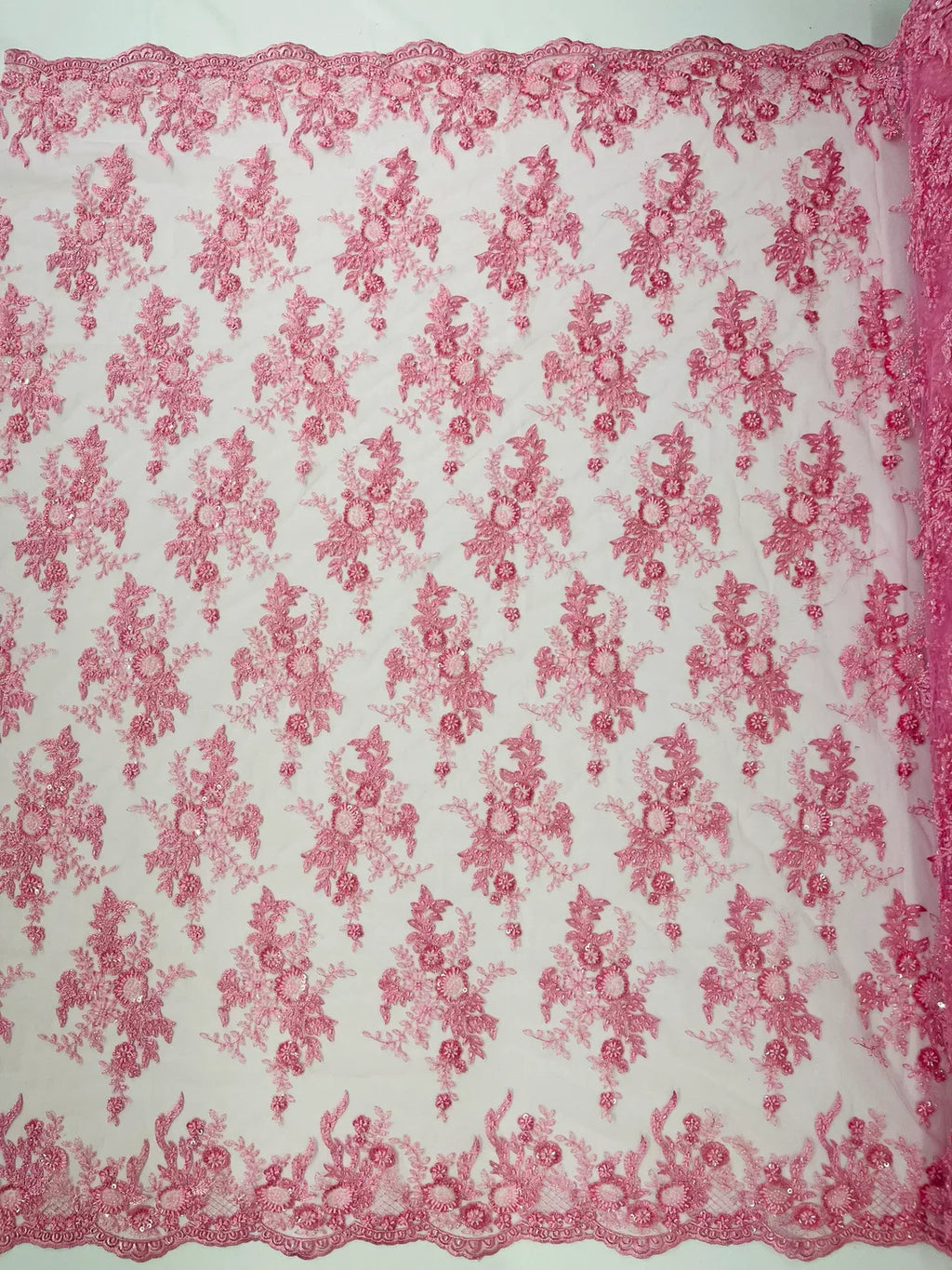 Beaded Flower Sequins Fabric - Pink - Embroidered Beaded Floral Clusters Sequins Fabric By Yard