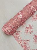 3D Flower Sequins Design - Pink - Embroidered Pearl Sequins Floral Clusters Lace Fabric By Yard