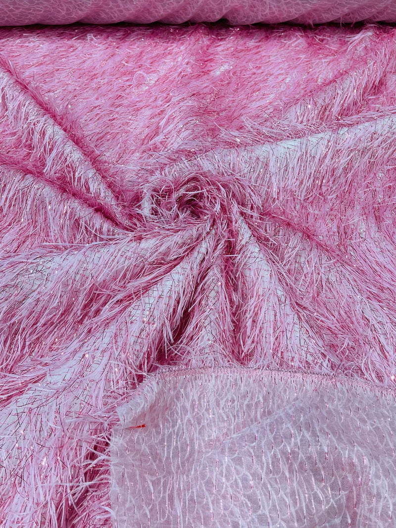 Metallic Eyelash Fabric - Pink - Feather/Eyelash/Fringe Design on Mesh By Yard