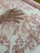 Leaf Plant Glitter Design Fabric - Pink - Beaded Embroidered Leaves Design on Mesh By Yard