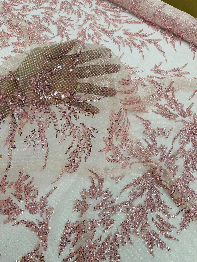 Leaf Plant Glitter Design Fabric - Pink - Beaded Embroidered Leaves Design on Mesh By Yard