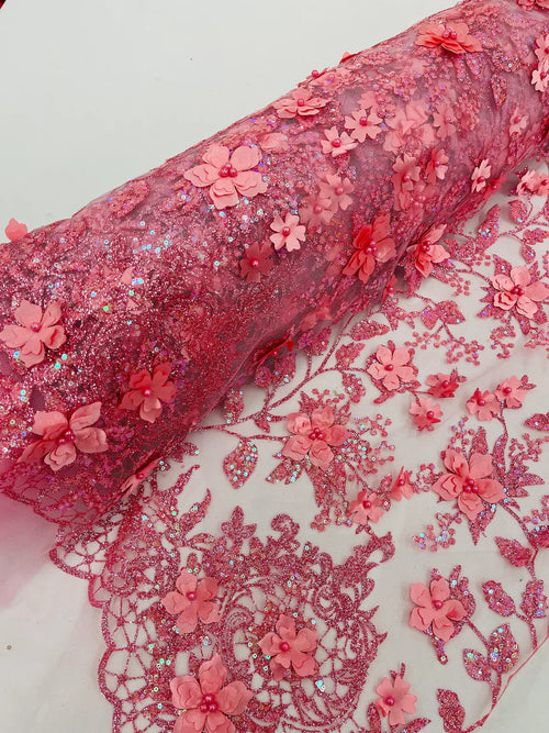 3D Flower Glitter Fabric - Pink - Floral Glitter Sequin Design on Lace Mesh Fabric by Yard