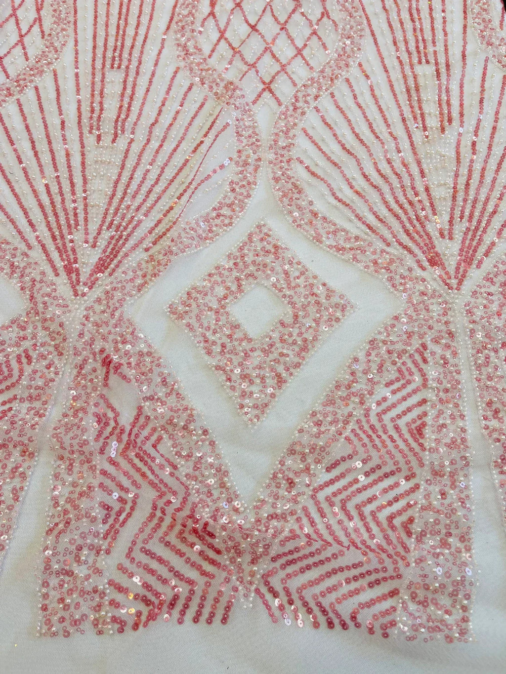 Beaded Diamond Design Fabric - Pink - Beaded Embroidered Diamond Zig Zag Design on Mesh By Yard