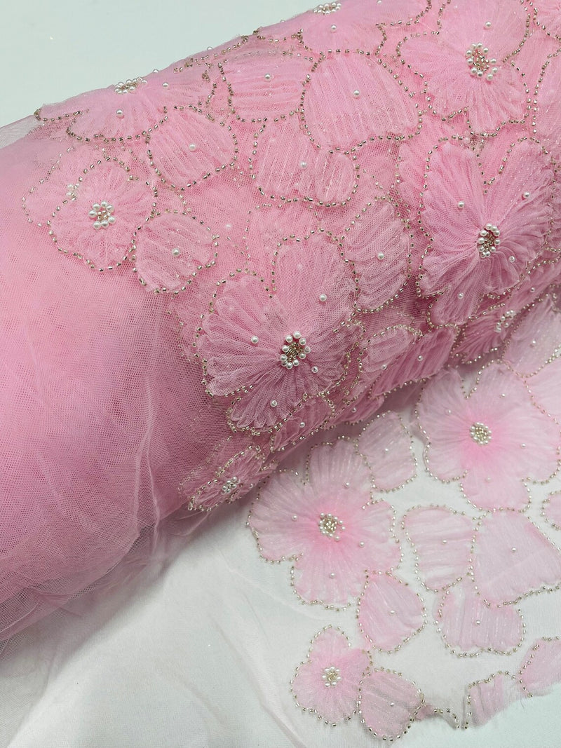 3D Tulle Floral Fabric - Pink - Flowers Made on Mesh with Small Pearls and Beads Sold By Yard