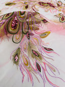 Peacock Feathers Lace Fabric - Pink - Peacock Feather Design on Lace Mesh Fabric Sold by Panel