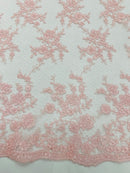 Embroidered Corded Lace Fabric - Pink - Cluster Fancy Flower Embroidered Lace Fabric By Yard