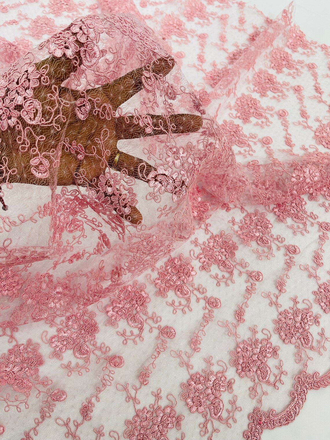 Embroidered Flower Fabric - Pink - Floral Design Scalloped Border Fabric By Yard