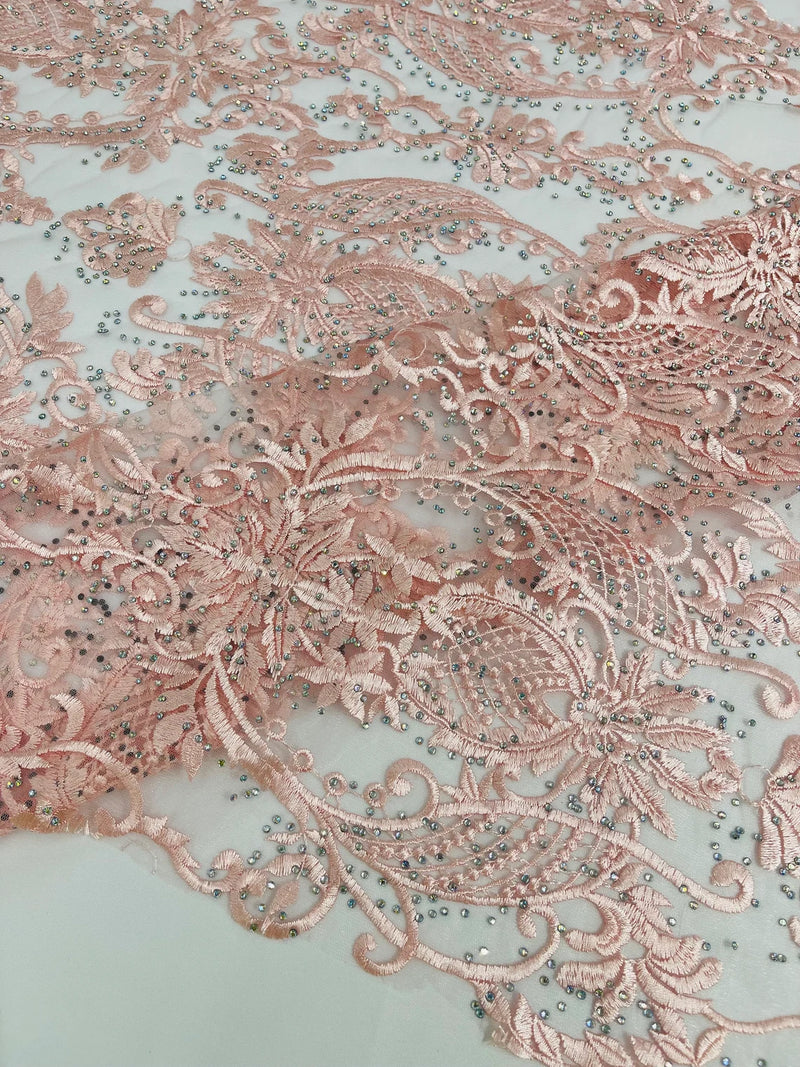 Damask Rhinestone Fabric - Pink - Beaded Embroidery Corded Lace Fabric Sold by Yard