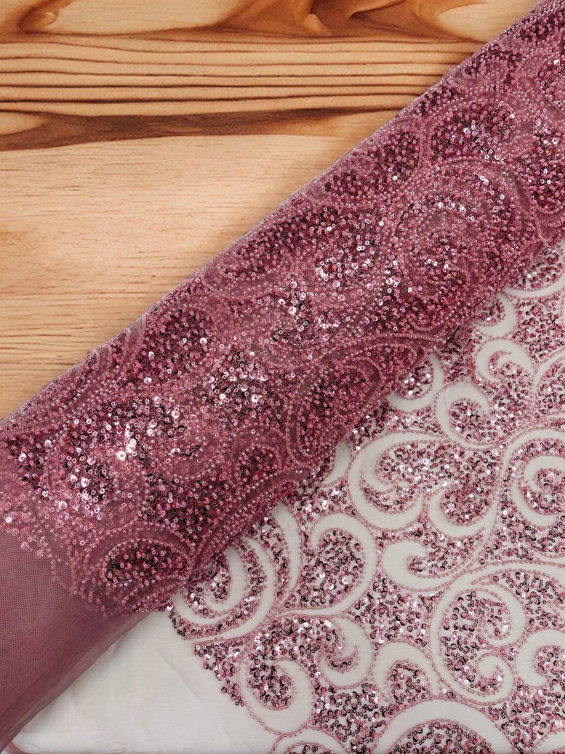 Beaded Swirl Design Fabric - Pink - Swirl Design with Beads and Sequins on Lace by Yard