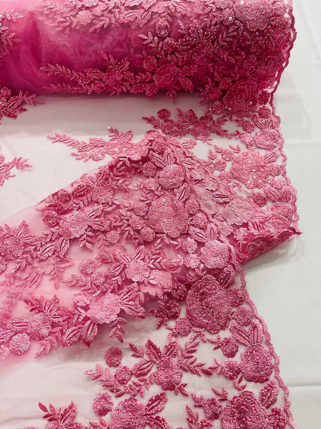 Beaded Rose Flower Fabric - Pink - Embroidered Beaded Long Border Floral Fabric By Yard