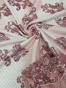 King Damask Design Fabric - Pink - Embroidered Corded Mesh Lace Fabric with Sequins By Yard