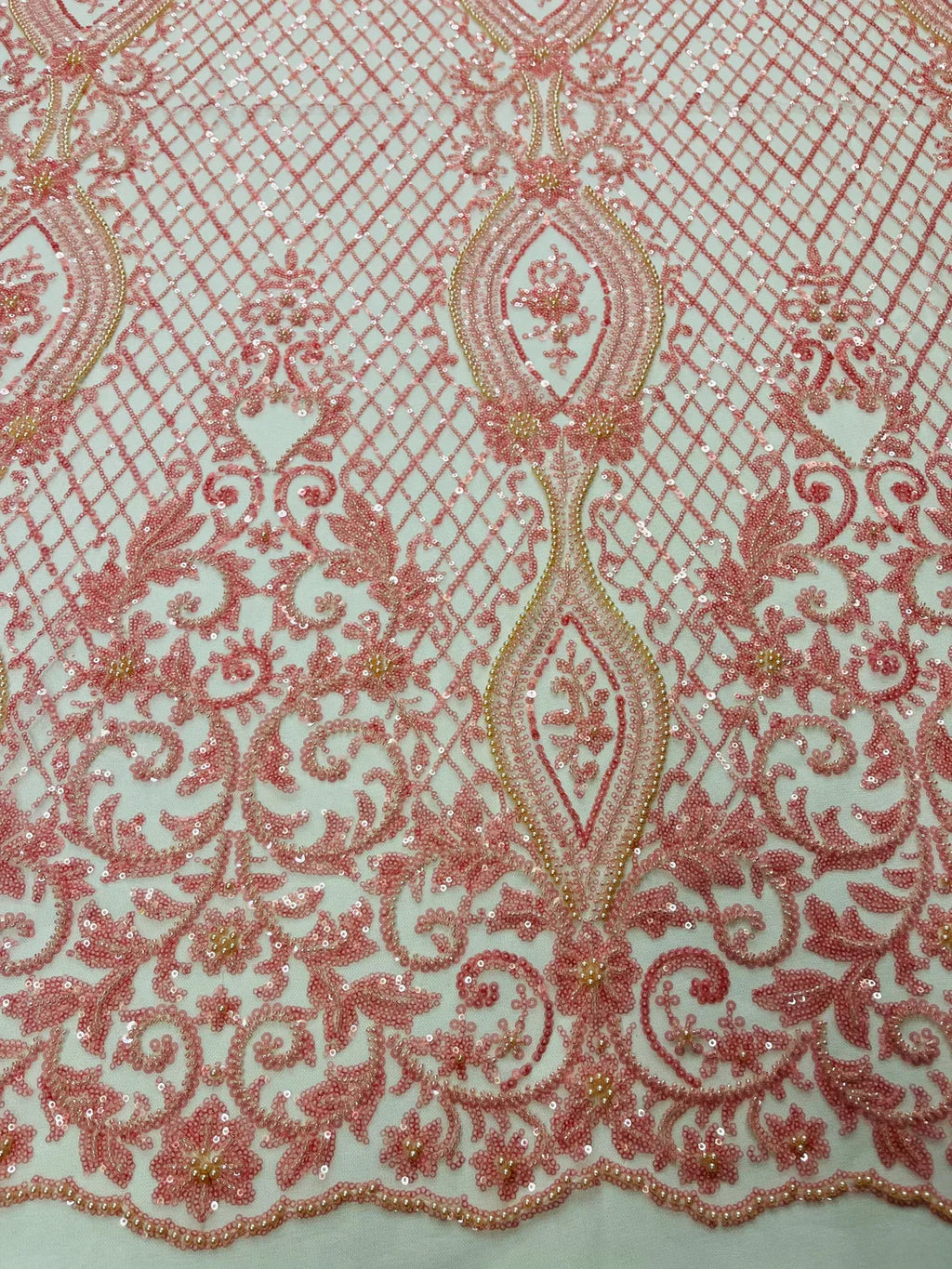 Bead Fashion Damask Fabric - Pink - Beaded Sequins Geometric Design on Mesh Sold By Yard