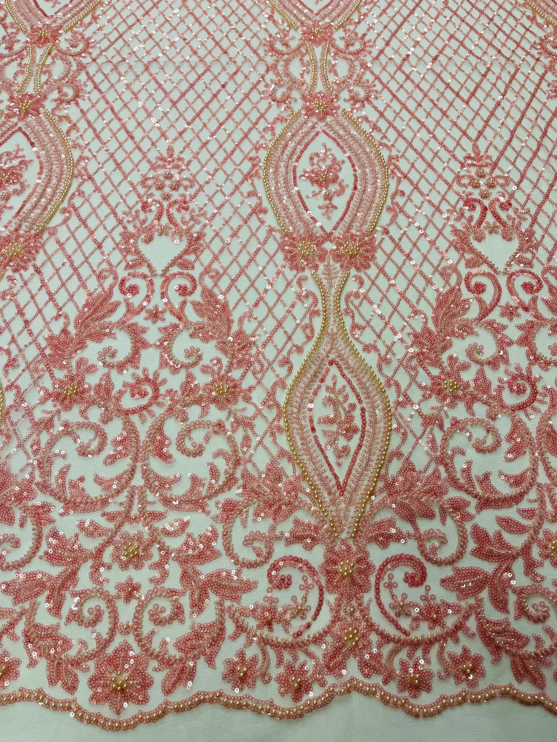 Bead Fashion Damask Fabric - Pink - Beaded Sequins Geometric Design on Mesh Sold By Yard