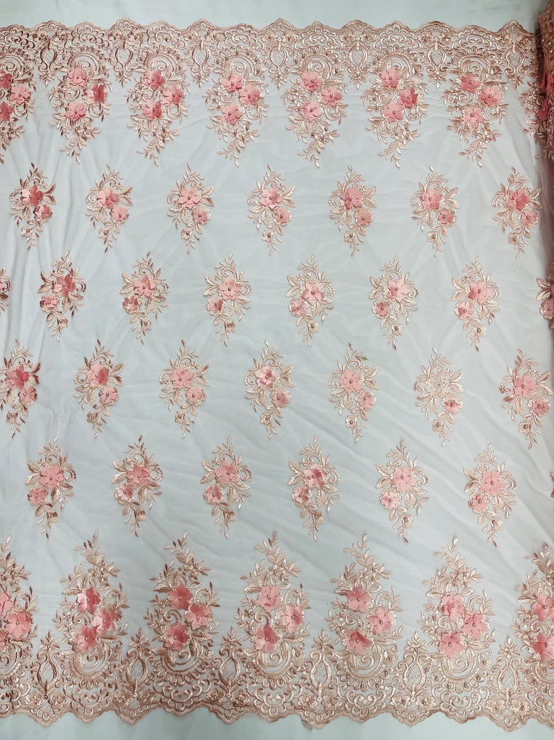 3D Fancy Floral Design Fabric - Pink - 3D Flower Fabric with Small Beads on Lace Sold By Yard