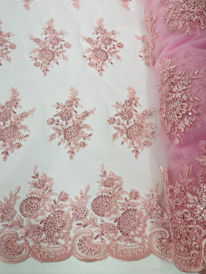 Floral Lace Flower Fabric - Pink - Floral Embroidered Fabric with Sequins on Lace By Yard