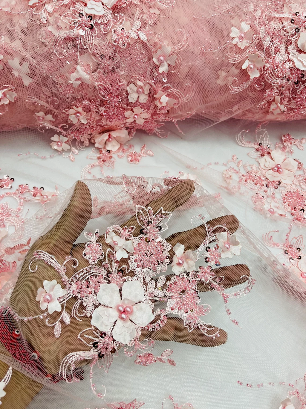 3D Flower Sequins Design - Pink - Embroidered Pearl Sequins Floral Clusters Lace Fabric By Yard