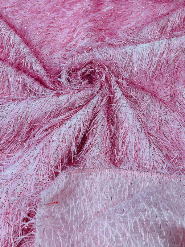 Metallic Eyelash Fabric - Pink - Feather/Eyelash/Fringe Design on Mesh By Yard