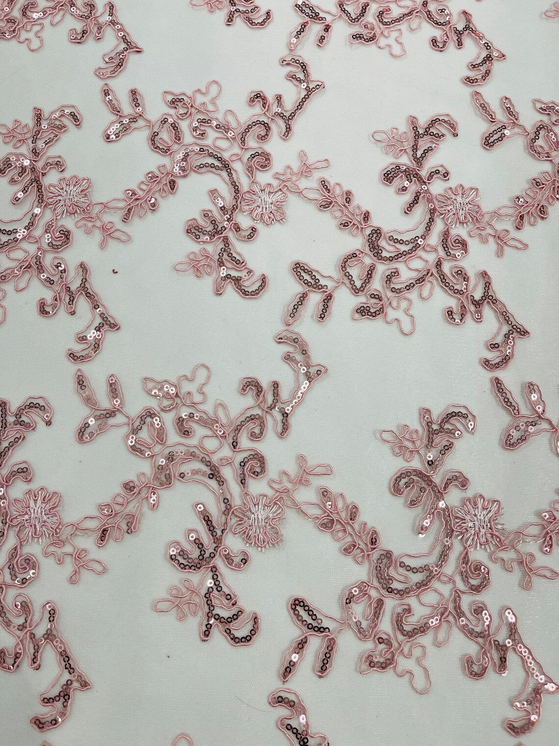 Floral Sequins Lace Fabric - Pink - Embroidery Flower Clusters Design with Shiny Sequins  Fabric Sold By Yard