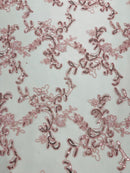 Floral Sequins Lace Fabric - Pink - Embroidery Flower Clusters Design with Shiny Sequins  Fabric Sold By Yard