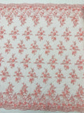 3D Embroidered Floral Fabric - Pink - 3D Rhinestone and Sequins Floral Fabric Sold By Yard