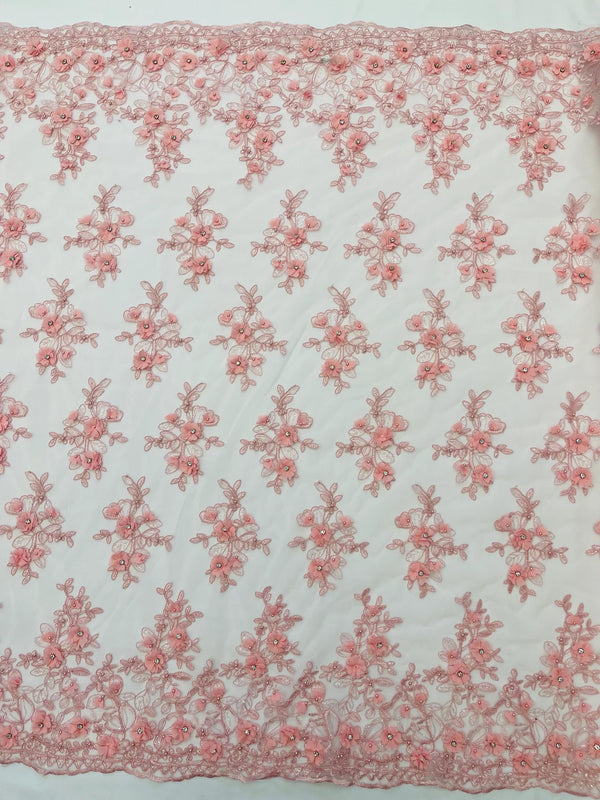 3D Embroidered Floral Fabric - Pink - 3D Rhinestone and Sequins Floral Fabric Sold By Yard