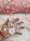 3D Flower Sequins Design - Pink - Embroidered Pearl Sequins Floral Clusters Lace Fabric By Yard