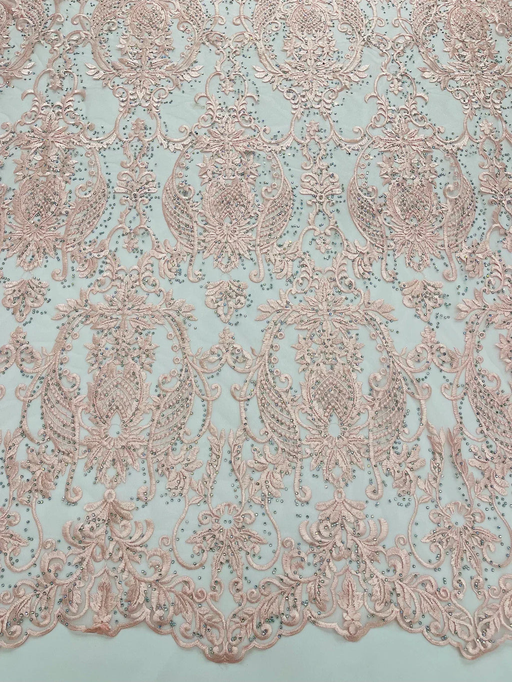 Damask Rhinestone Fabric - Pink - Beaded Embroidery Corded Lace Fabric Sold by Yard