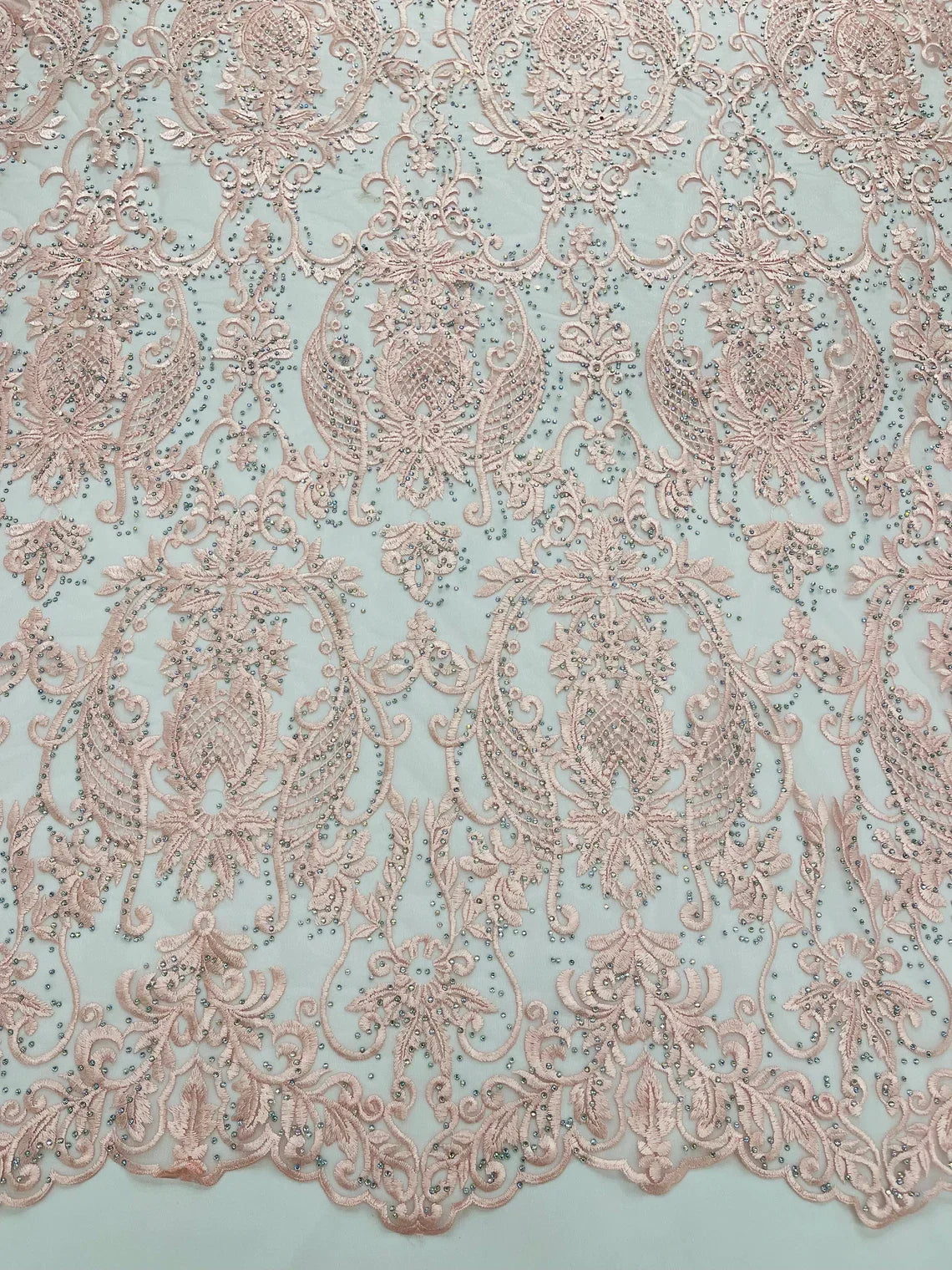 Damask Rhinestone Fabric - Pink - Beaded Embroidery Corded Lace Fabric Sold by Yard
