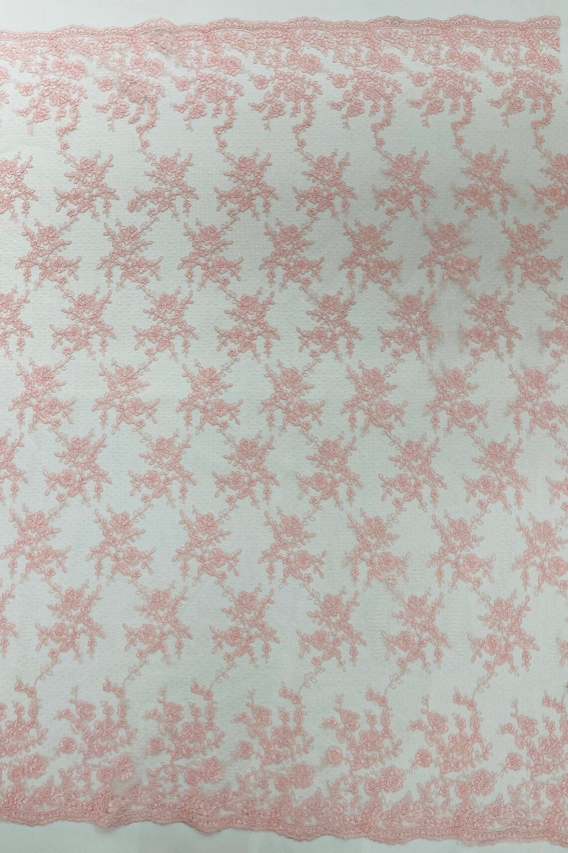 Embroidered Corded Lace Fabric - Pink - Cluster Fancy Flower Embroidered Lace Fabric By Yard