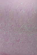 Zig Zag Design Sequins - Pink - 4 Way Stretch Embroidered Zig Zag Sequins Lace Fabric By The Yard