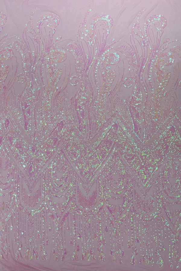 Zig Zag Design Sequins - Pink - 4 Way Stretch Embroidered Zig Zag Sequins Lace Fabric By The Yard