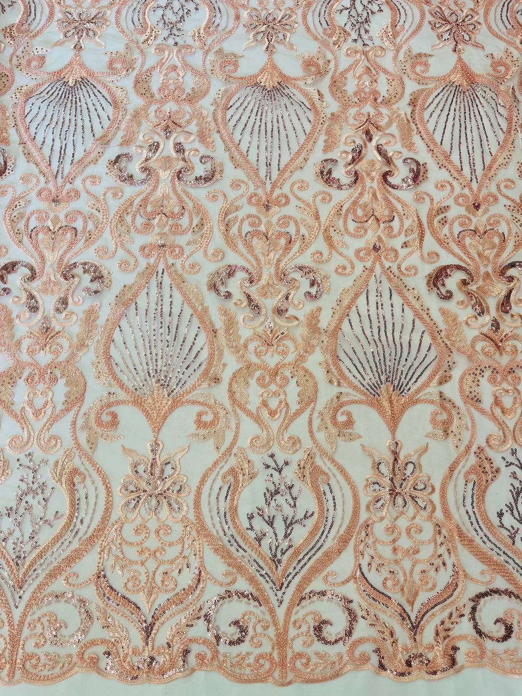Damask Leaf Bead Fabric - Pink - Heavy Beaded Embroidered Sequins Lace Fabric by Yard