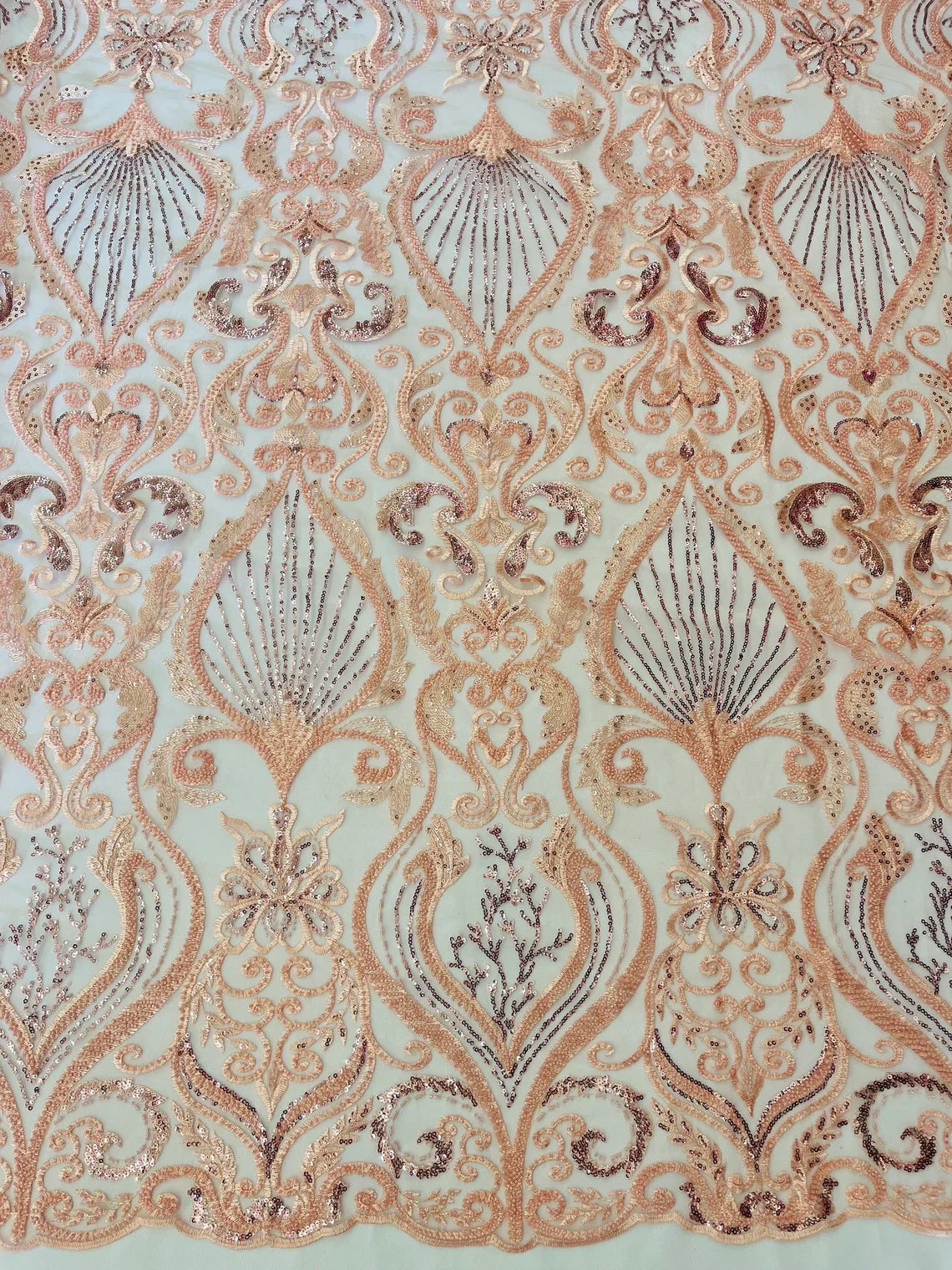 Damask Leaf Bead Fabric - Pink - Heavy Beaded Embroidered Sequins Lace Fabric by Yard