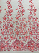 3D Flower Glitter Fabric - Pink - Floral Glitter Sequin Design on Lace Mesh Fabric by Yard