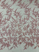 Leaf Plant Glitter Design Fabric - Pink - Beaded Embroidered Leaves Design on Mesh By Yard