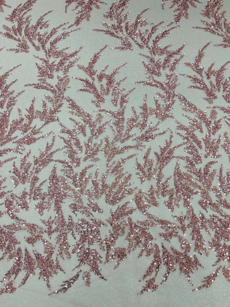 Leaf Plant Glitter Design Fabric - Pink - Beaded Embroidered Leaves Design on Mesh By Yard