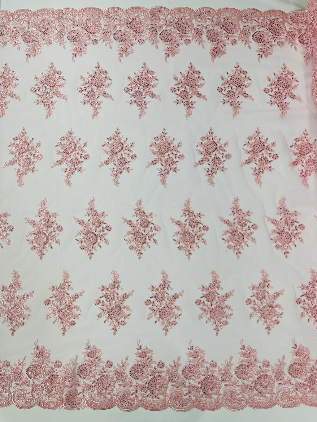 Floral Lace Flower Fabric - Pink - Floral Embroidered Fabric with Sequins on Lace By Yard