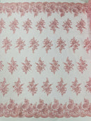 Floral Lace Flower Fabric - Pink - Floral Embroidered Fabric with Sequins on Lace By Yard