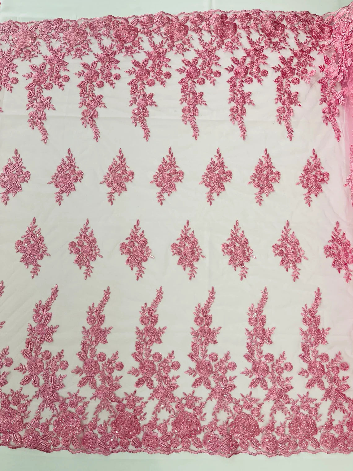 Beaded Rose Flower Fabric - Pink - Embroidered Beaded Long Border Floral Fabric By Yard