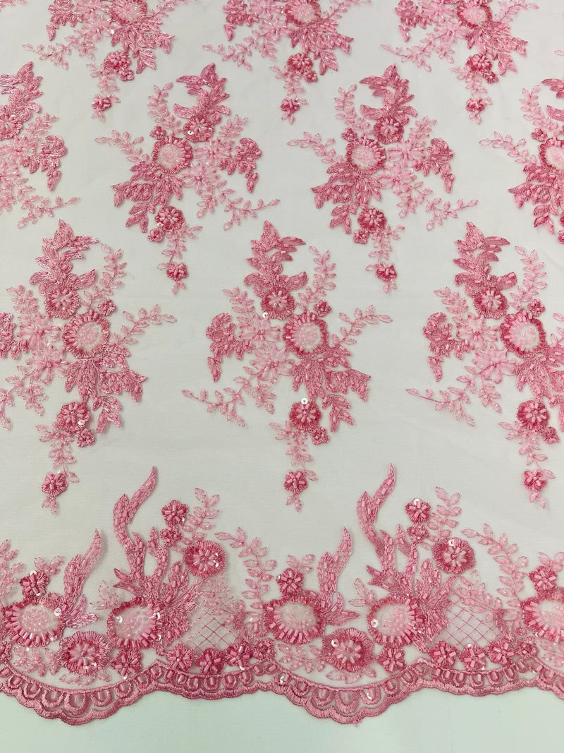 Beaded Flower Sequins Fabric - Pink - Embroidered Beaded Floral Clusters Sequins Fabric By Yard
