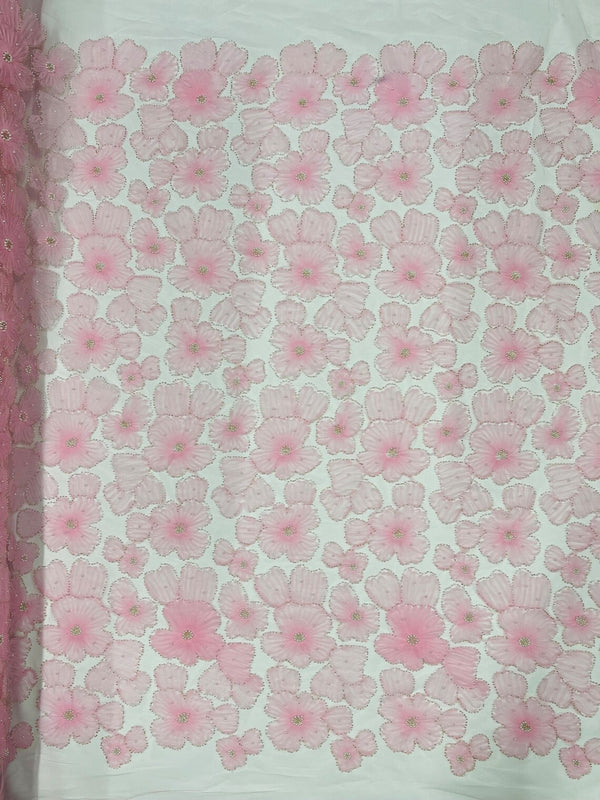 3D Tulle Floral Fabric - Pink - Flowers Made on Mesh with Small Pearls and Beads Sold By Yard