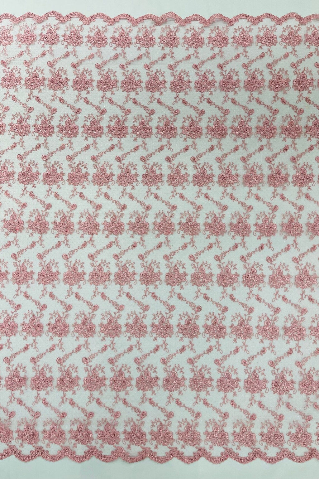 Embroidered Flower Fabric - Pink - Floral Design Scalloped Border Fabric By Yard
