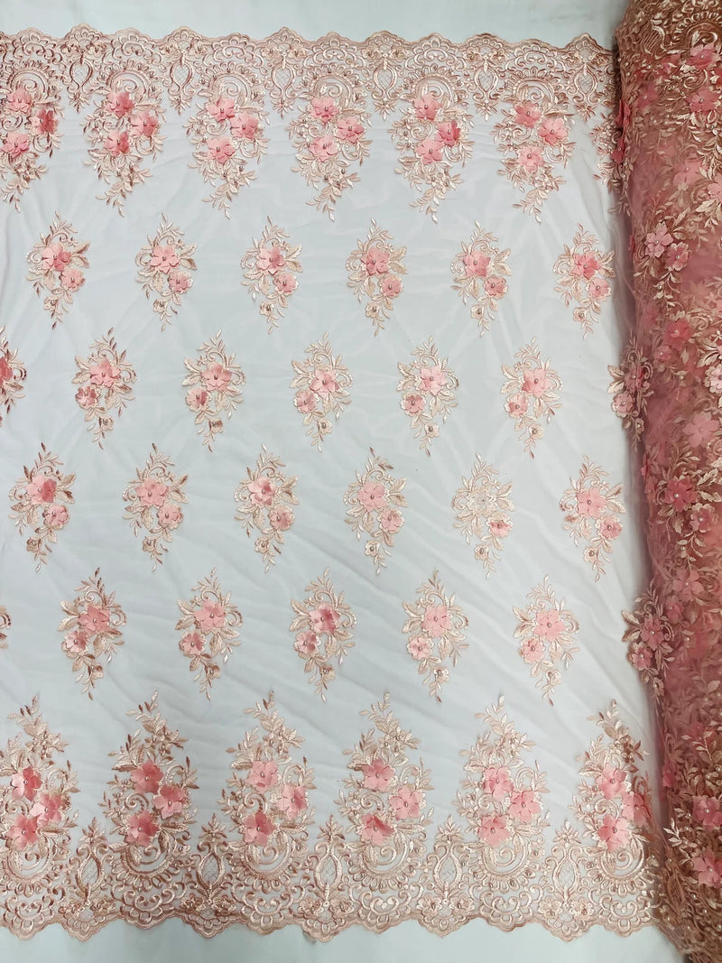 3D Fancy Floral Design Fabric - Pink - 3D Flower Fabric with Small Beads on Lace Sold By Yard