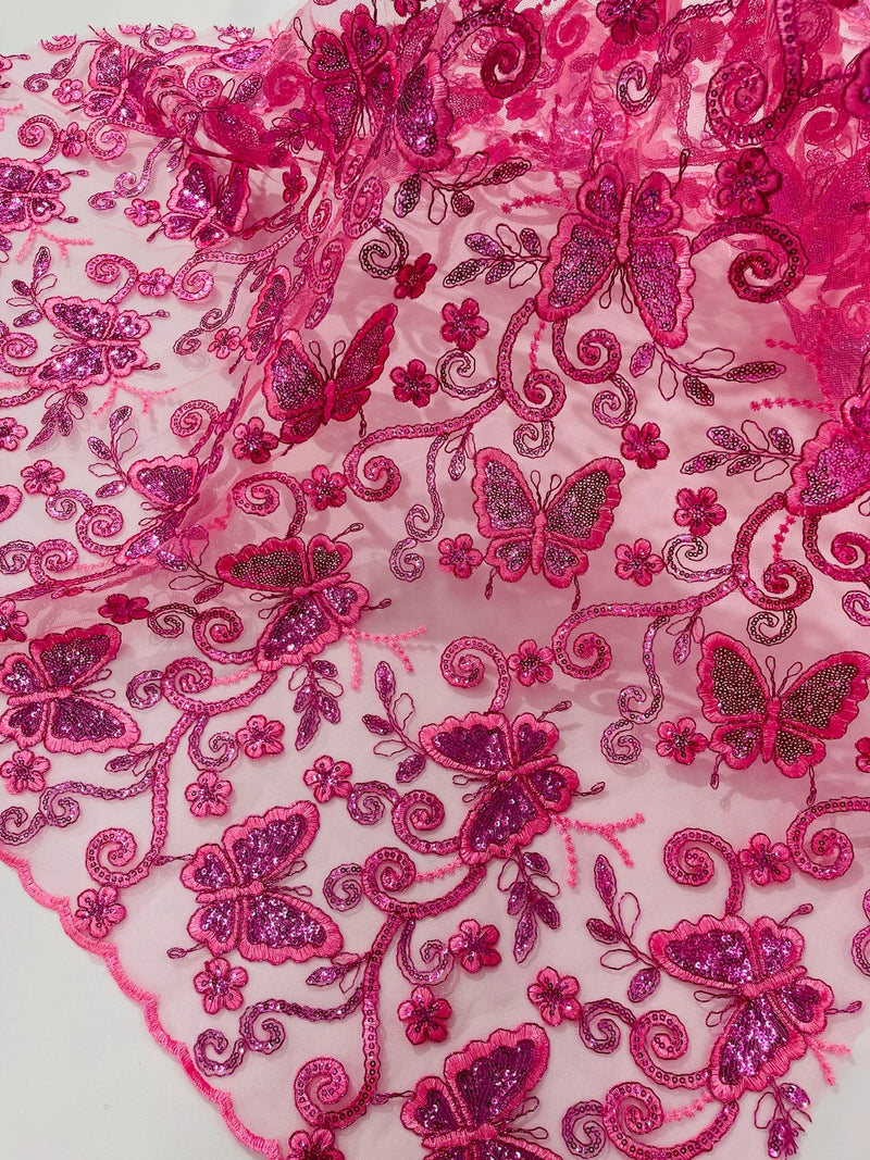 Butterfly Swirl Lace Fabric - Pink - Metallic Sequins Design on Lace Fabric By Yard