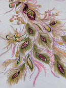 Peacock Feathers Lace Fabric - Pink - Peacock Feather Design on Lace Mesh Fabric Sold by Panel