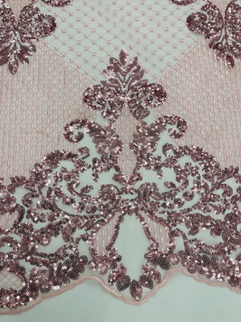 King Damask Design Fabric - Pink - Embroidered Corded Mesh Lace Fabric with Sequins By Yard