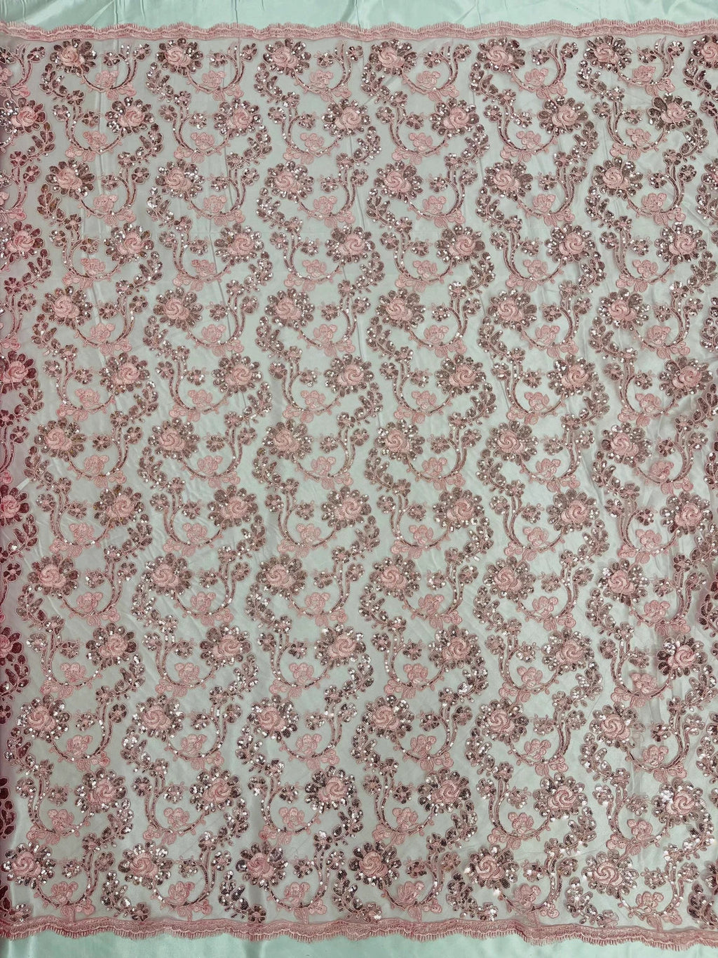 Corded Sequins Flower Lace - Pink - Corded Floral Lace With Sequins Sold By Yard