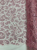 Beaded Swirl Design Fabric - Pink - Swirl Design with Beads and Sequins on Lace by Yard