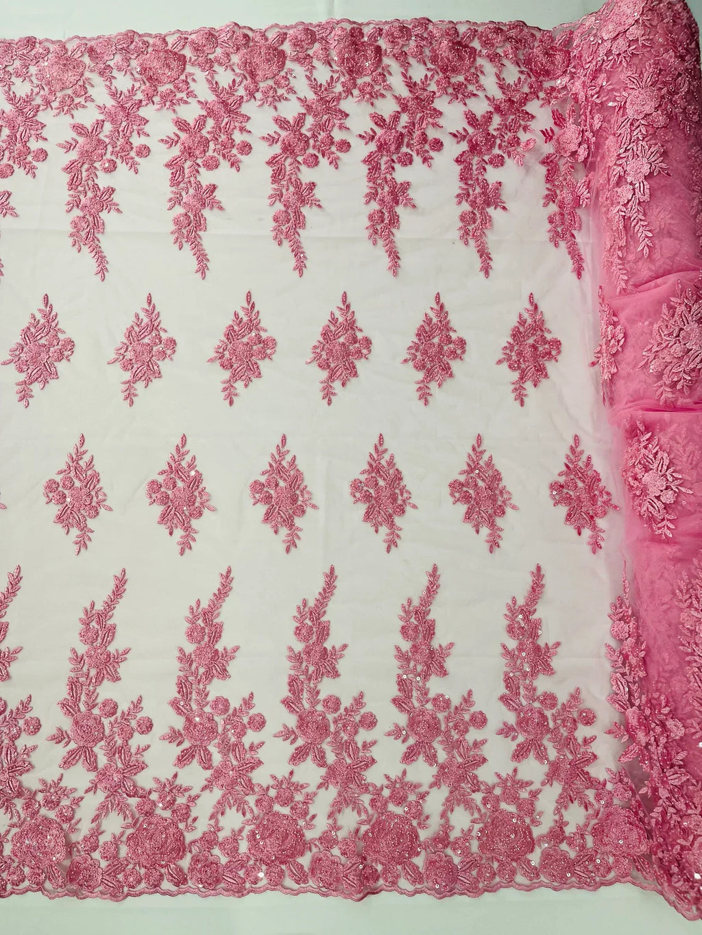 Beaded Rose Flower Fabric - Pink - Embroidered Beaded Long Border Floral Fabric By Yard